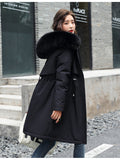 Women's Winter Parka Coat Mid-Length Black Puffer Jacket with Large Faux Fur Hood